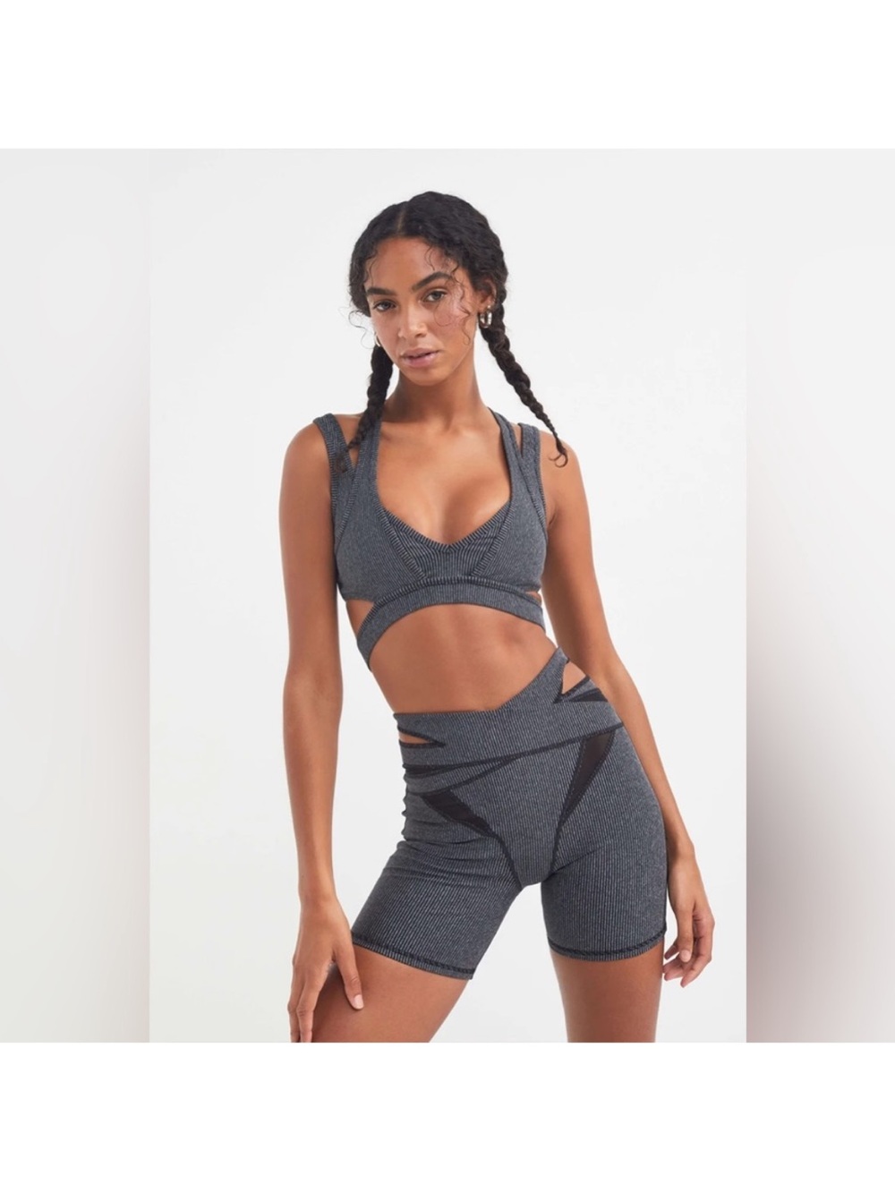 For Love And Lemons Charcoal Gray Ribbed Active Short Set